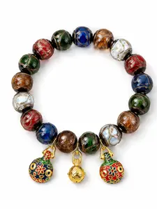 Multicolor Glass Bead Bracelet with Pendant, Unisex Round Beads Jewelry, Animal Charm, Various Sizes Available