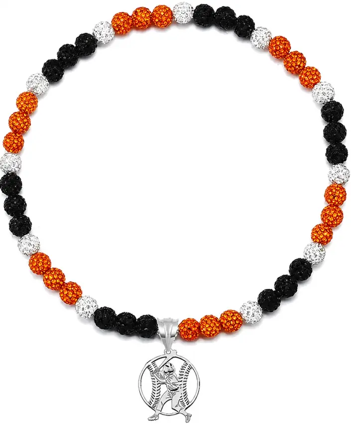 Rhinestone Disco Ball Bead Baseball Necklace + Stainless Steel Baseball Pendant, Orange Black