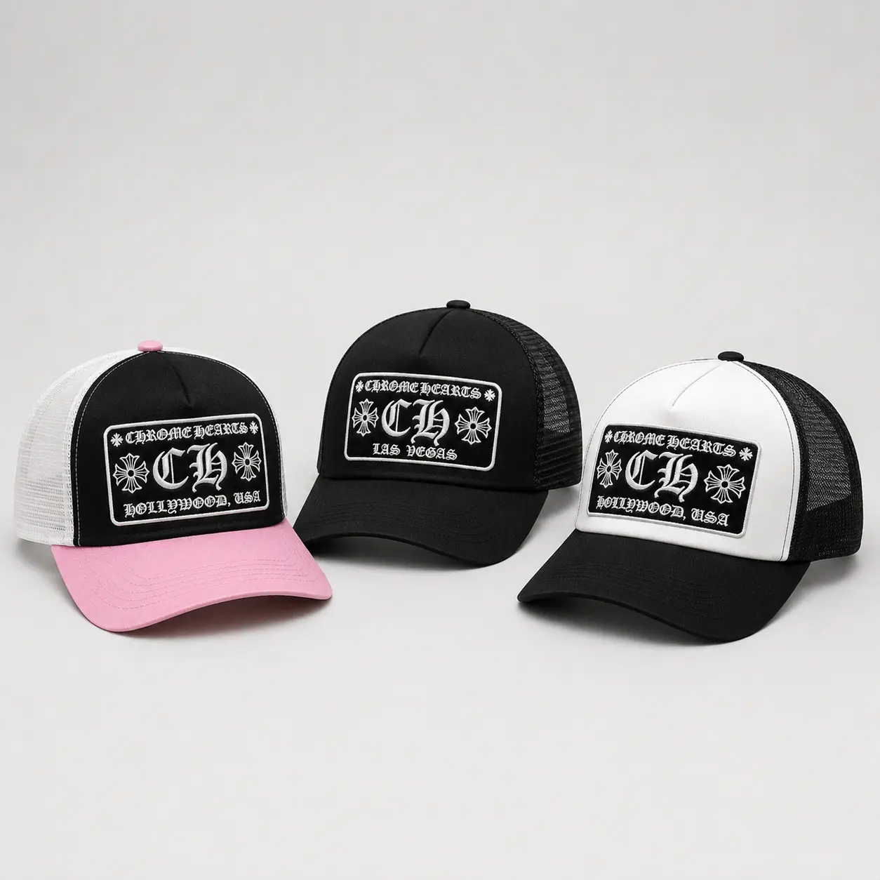 Premium Chrome Hearts Mesh Trucker Hat, Unisex Gothic Cross Patch Snapback Baseball Cap, Adjustable Breathable Streetwear Hat for Men & Women, Black White