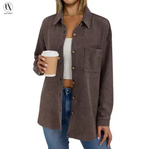 Automet Waffle Knit Button Down Shirts for Women Dressy Casual Work Shacket V Neck Long Sleeve Loose Tops with Pocket
