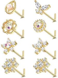 Cute 8 Pcs Golden Silvery L Shape Nose Studs Shining 316 Surgical Steel Copper 20g Nose Studs for Women Men Retro L Shaped for Women Men Opal CZ L Shaped Nose Rings Studs Hypoallergenic Nose Piercing Jewelry Set