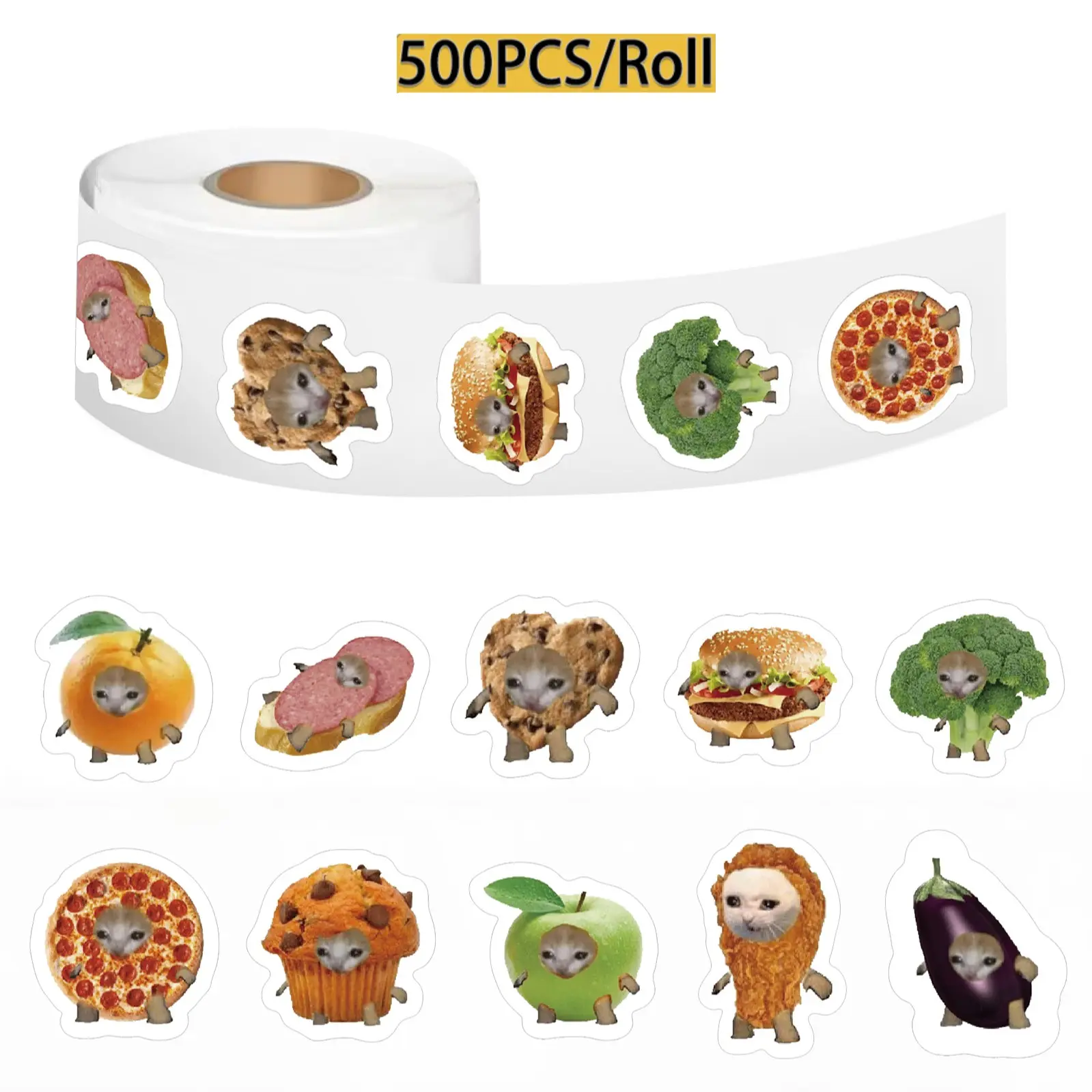 500 Sheets Per Roll Decorative Adhesive Tape, Food Cat Head Meme Stickers for Journaling, Scrapbooking & Envelope Seals, Flat Design, Graphic Decal Sticker, Sticker Packs, Funny Stickers, Adhesive Decals