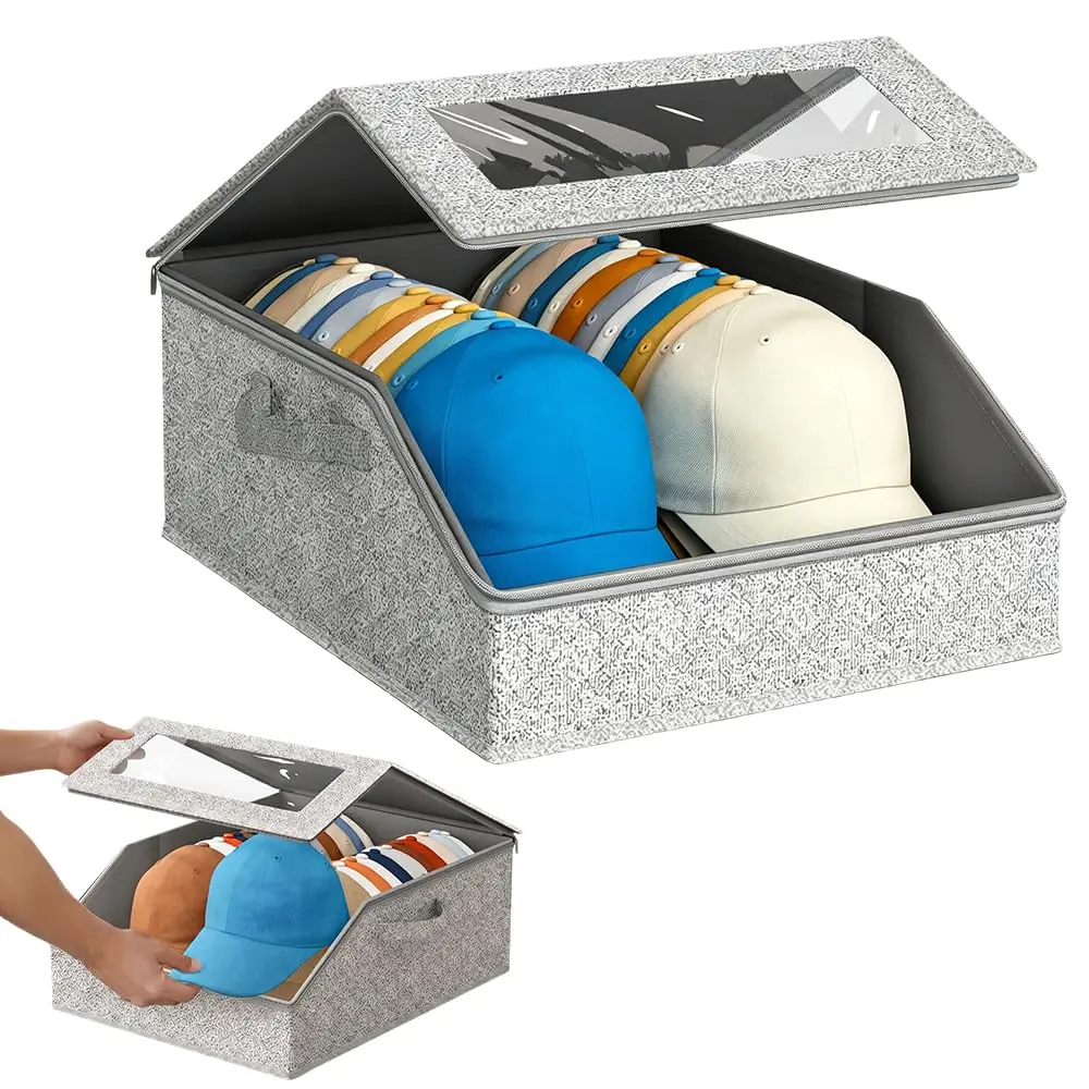 Large Capacity Baseball Cap Storage Box Holds 24/48 Hats Fabric Material, Zipper Closure, Foldable, Collapsible Design Boxes, Ideal for Home Organization, Display Box, Foldable Storage Boxes