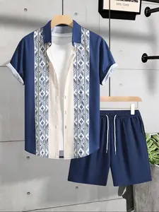 Men's 2-Piece Set, Geometric Pattern Short Sleeve Shirt & Elastic Waist Shorts, Durable Polyester, Summer Casual Wear, Easy Care