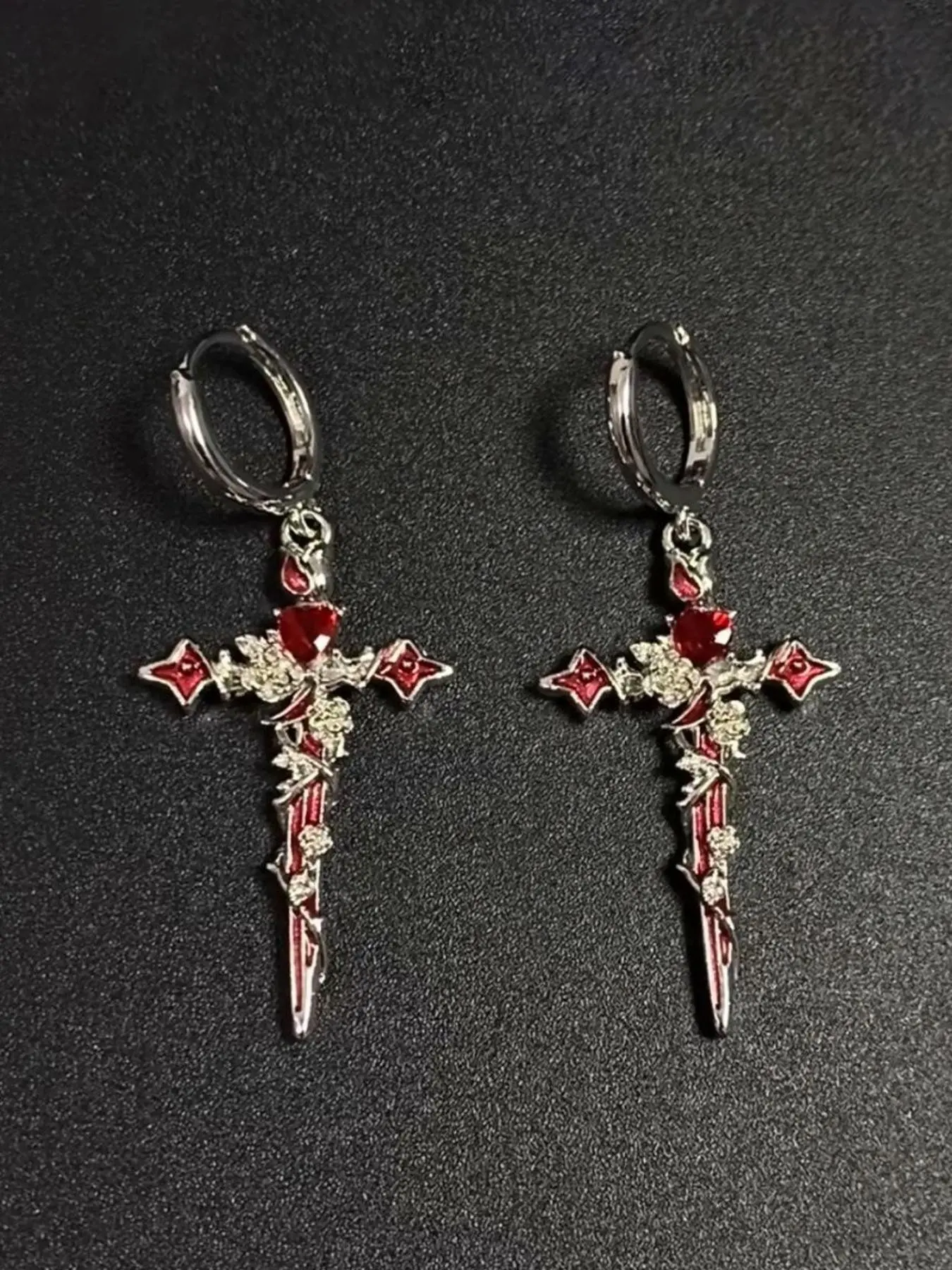 Punk Thorn Rose Heart Cross Pendant Dangling Earrings, Gothic Design Unisex Couple Party Streetwear Hip Hop Jewelry, Unique Fashion Accessories, Punk Style Earrings, Cross Dangle Earring
