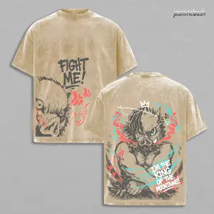 Men's Demon Slayer Inosuke Hashibira "I'm the King of the Mountain" Short-Sleeve Round-Neck Cotton T-Shirt, Acid-Washed Graphic Top, Infinity Castle Arc Streetwear Gift for Anime Fans