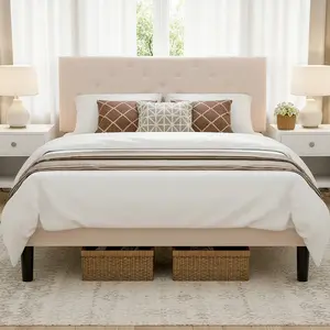 Beige Velvet Bed Frame with Padded Headboard, Upholstered Platform Bed for Twin Full Queen, Wooden Slats No Box Spring Needed