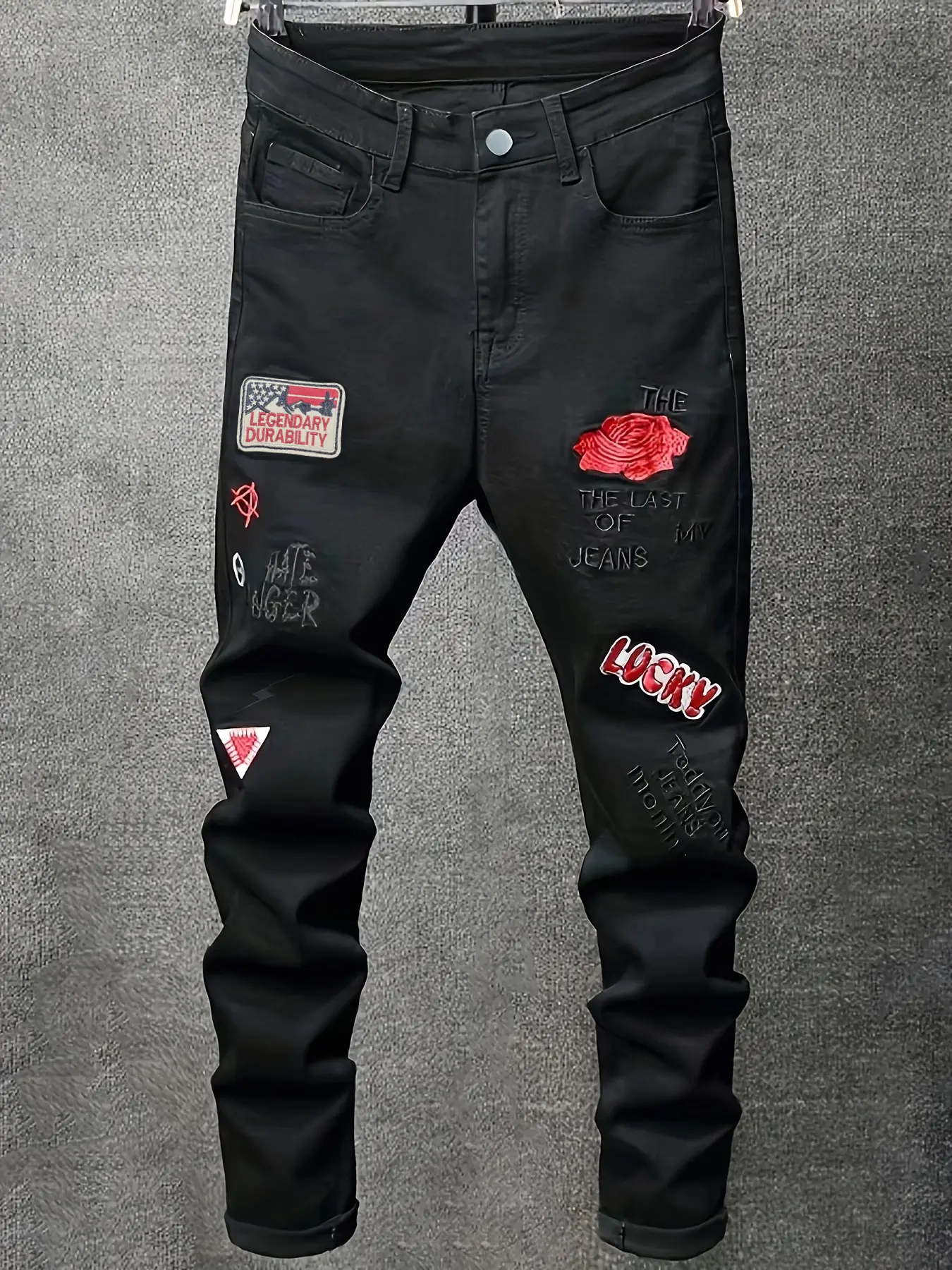 Men's Casual Embroidered Stretchy Jeans, Slim Fit Mid-Waist Denim with Pockets for Party & Streetwear