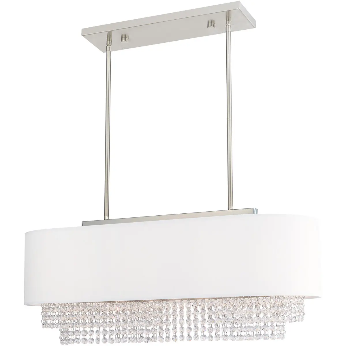 12.25 inch 3 Light Brushed Nickel Linear Chandelier with Clear Crystals/ Hand Crafted Off-White Fabric Hardback Shade
