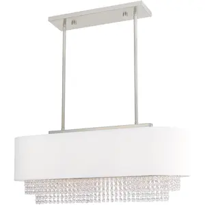 12.25 inch 3 Light Brushed Nickel Linear Chandelier with Clear Crystals/ Hand Crafted Off-White Fabric Hardback Shade