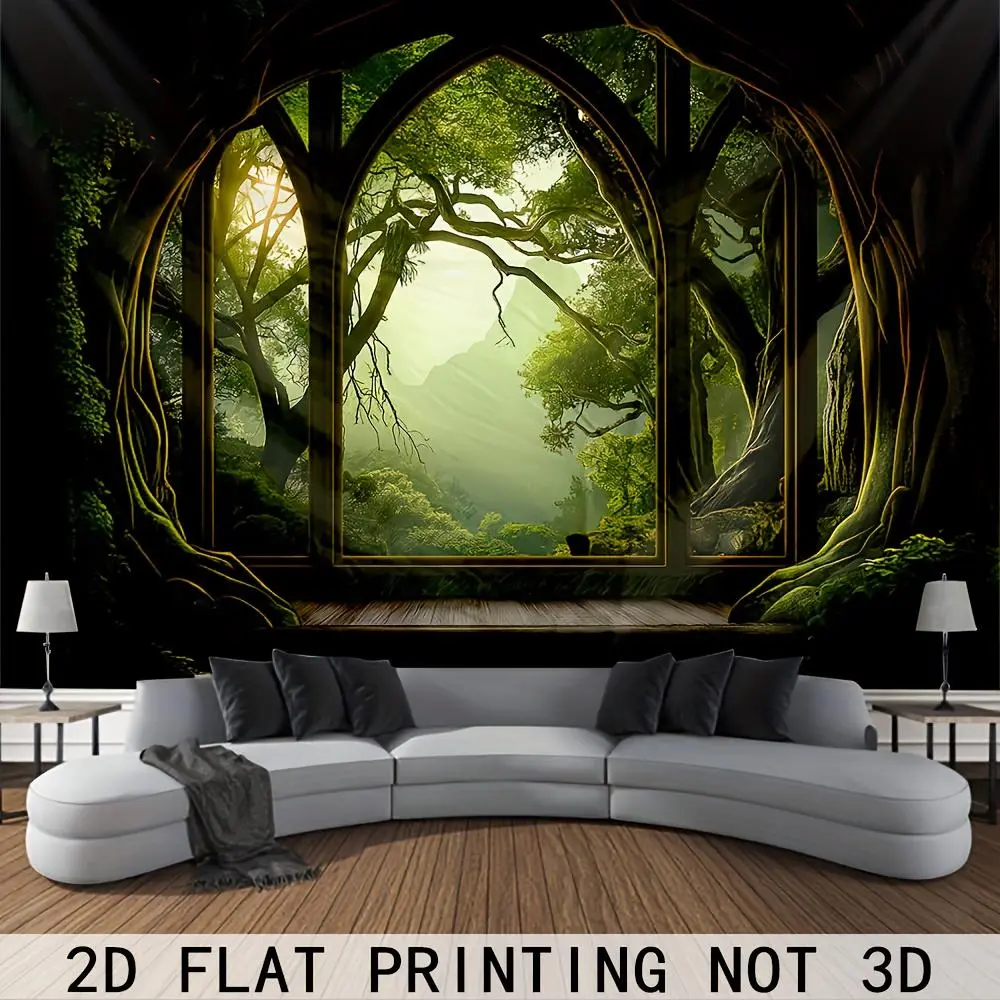 2D Flat Printing, 1pc Tree Hollow Tapestry with Gothic Window, Forest and Mountain Scene, Mystical Wall Decor, Landscape Mural Wall Hanging Room Gift