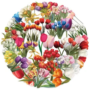 50pcs Cartoon Tulip Transparent PET Stickers - Waterproof Decorative DIY Stickers for Suitcases, Phone Cases, Laptops, Helmets, Skateboards