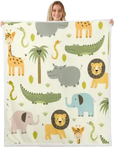 Cute Wild Animals Fleece Throw Blanket,Cartoon Lion Giraffe Crocodile Plush Blanket,Nature Wildlife Sherpa Blanket,Zoo Animal Theme Fuzzy Blanket
