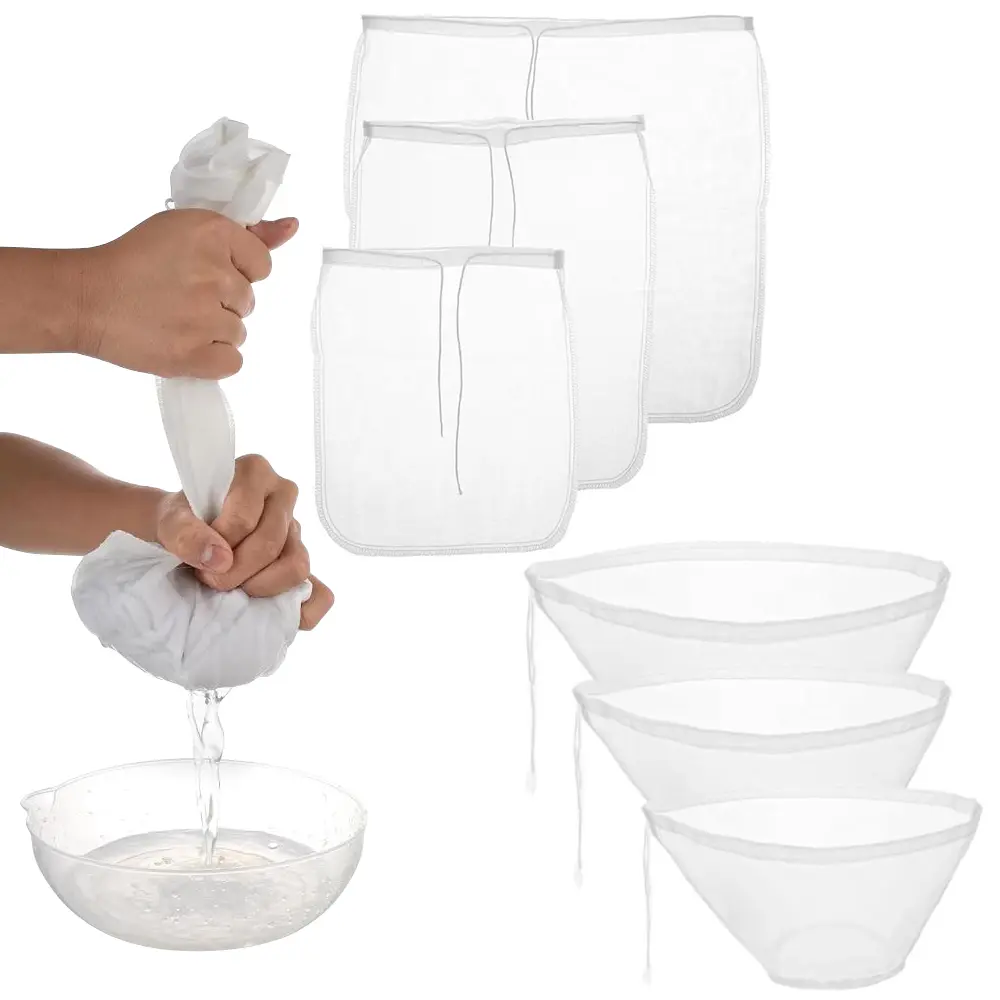 6-pcs kitchen filter bag set, reusable fine mesh food filter bag with drawstring, suitable for filtering almond milk juice yogurt coffee, used for DIY homemade beverage making