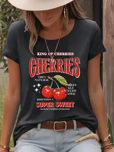 Women's Cherries Print Round Neck Tee, Fashion Casual Short Sleeve T-shirt for Daily Wear, Ladies Summer Clothes, Top