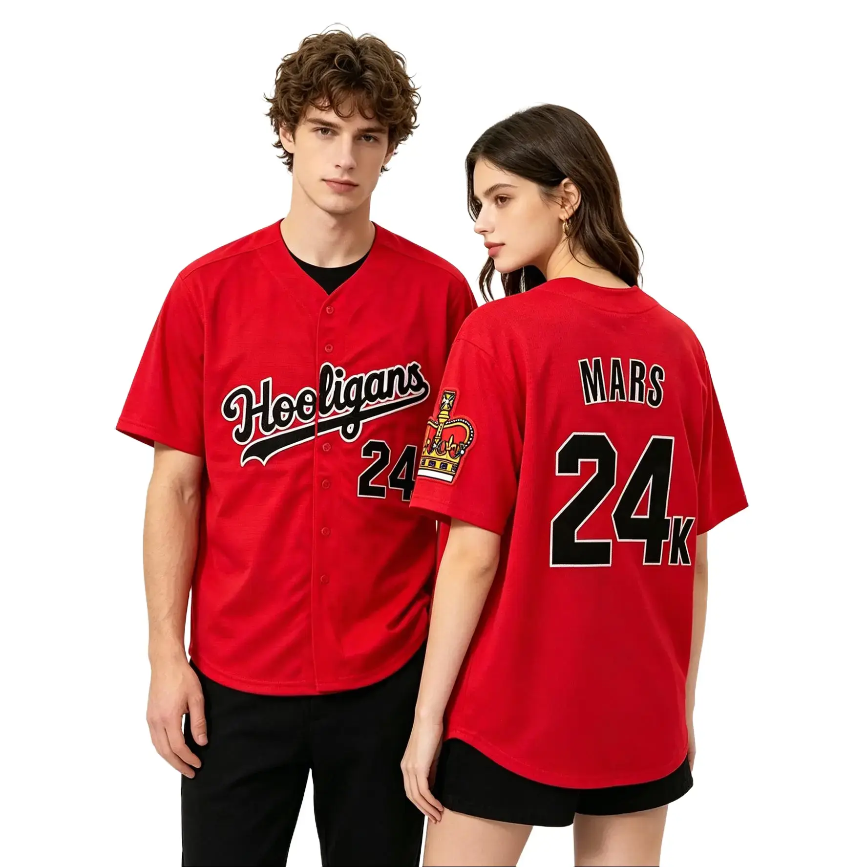 24K Mars Red And White Hooligans Hip Hop Rap Unisex Baseball Jersey Embroide Streetwear Concert Costumes Gift boyfriend boyfriend