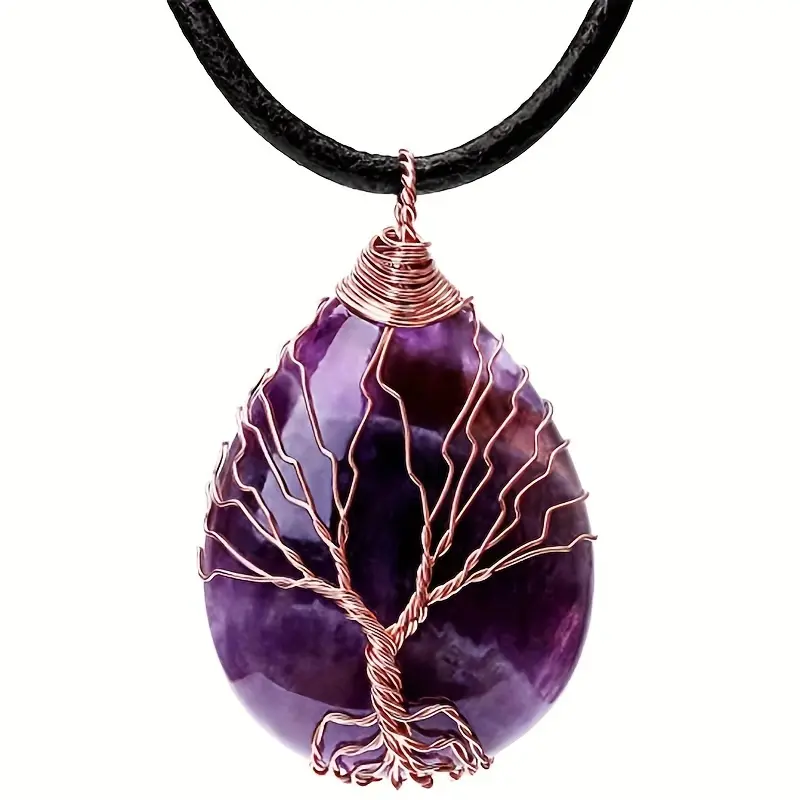 [Tree of Life | Amethyst Opal] 1pc JXMYBA Amethyst Opal Tree of Life Heart Shaped Pendant Necklace with Black Necklace