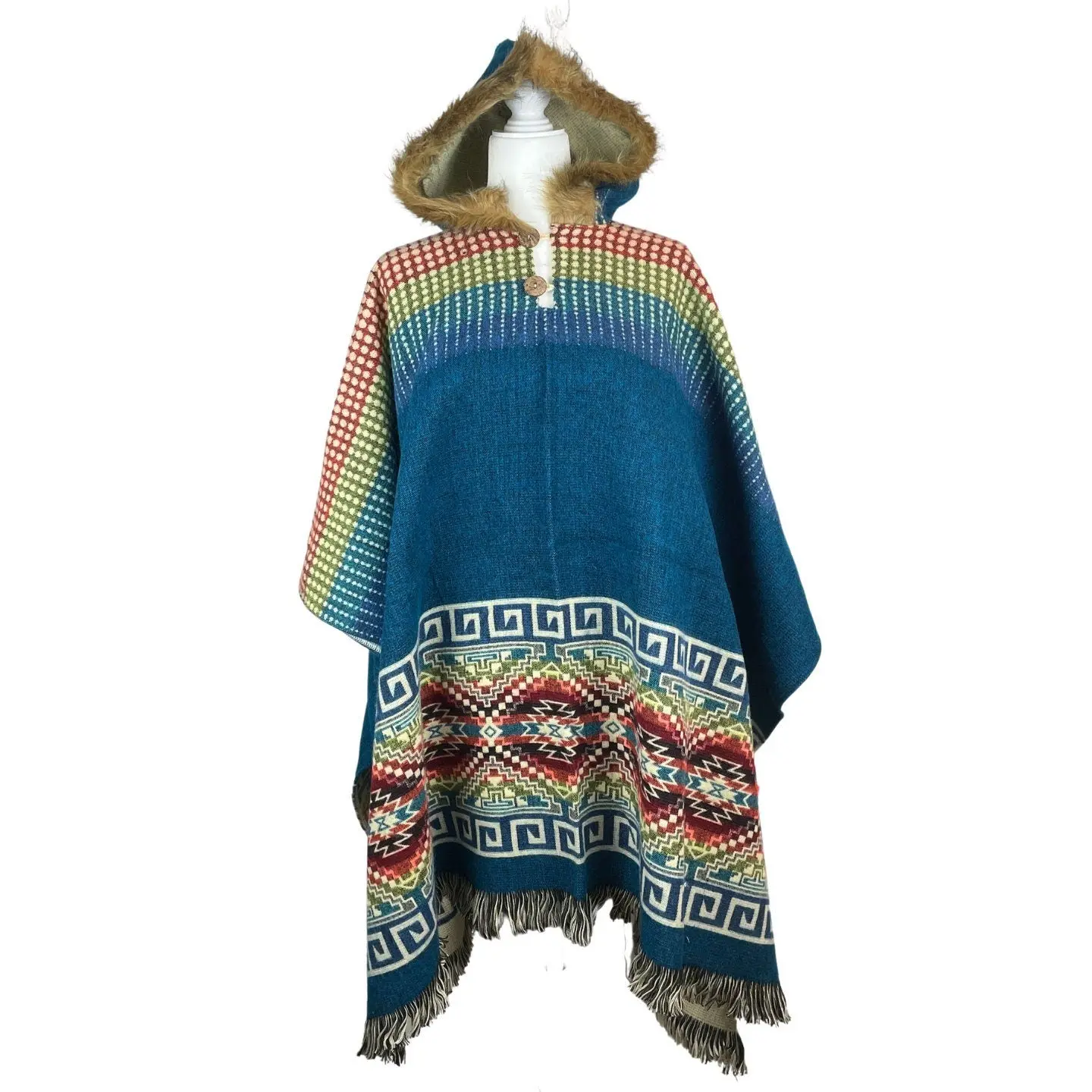 Poncho with Faux Fur Hood in Colorful Geometric Pattern, Soft and Comfortable Alpaca Wool Blend, Warm Lightweight Hippie Cape with Fringes, Shawl