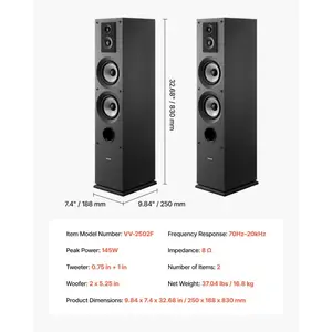 VEVOR Floorstanding Speakers Pair, 3-Way, Floor-Standing Tower Speakers with 0.75 in 1 in Tweeter, Dual 5.25 in Woofers, 145W Peak Power, 70Hz-20kHz Frequency Response, MDF Enclosure, for Home Audio