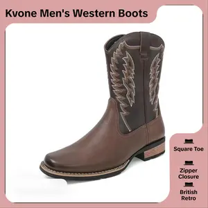 KVONE-Versatile Western Boots for Men,comfortable security footwear,Square Toe Slip-on Chelsea Ankle Boots,Zipper design, making it convenient to put on,British Retro Work Boots,available in brown and black; outdoor casual closed-toe style