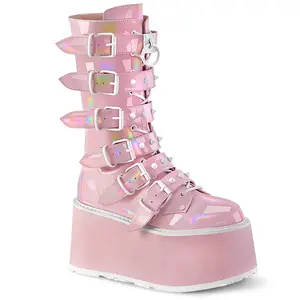 Demonia Damned-225 Baby Pink Holo Patent Knee-high Boots