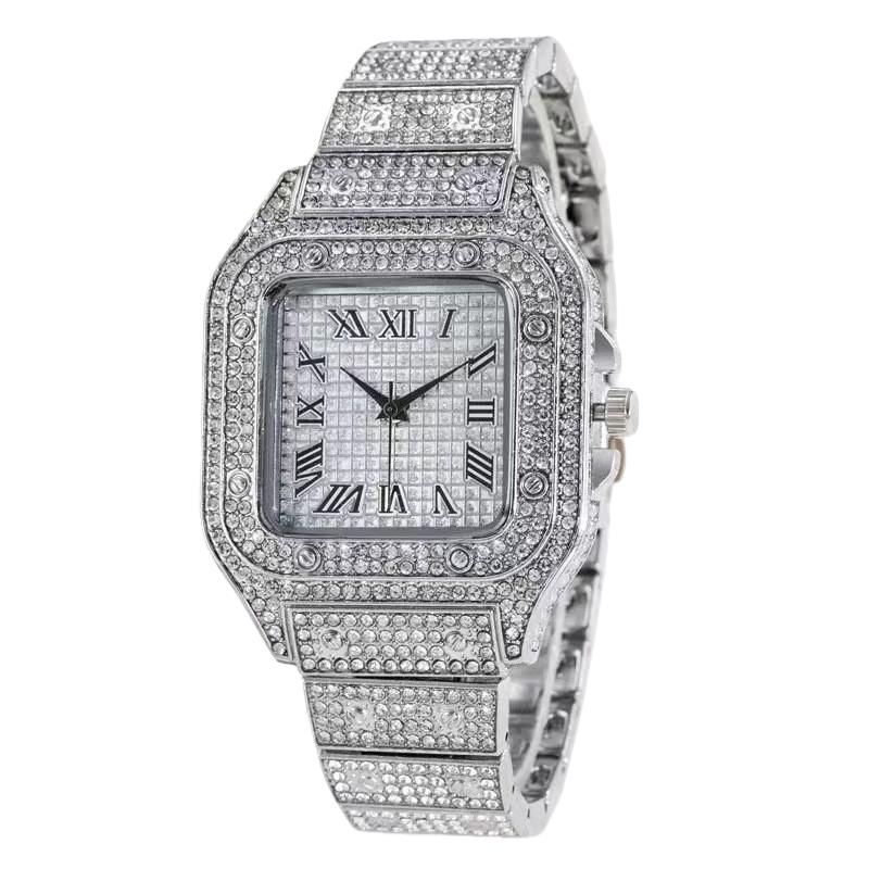 AIMANA Stylish Full-Diamond Square Watch – Sparkling crystal design, Roman numeral dial, high-quality quartz movement, suitable for parties and everyday wear, an ideal holiday gift.