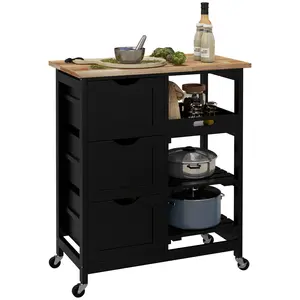 HOMCOM Rolling Kitchen Island Cart, Bar Serving Cart, Compact Trolley on Wheels with Wood Top, Shelves & Drawers for Home Dining Area, Gray