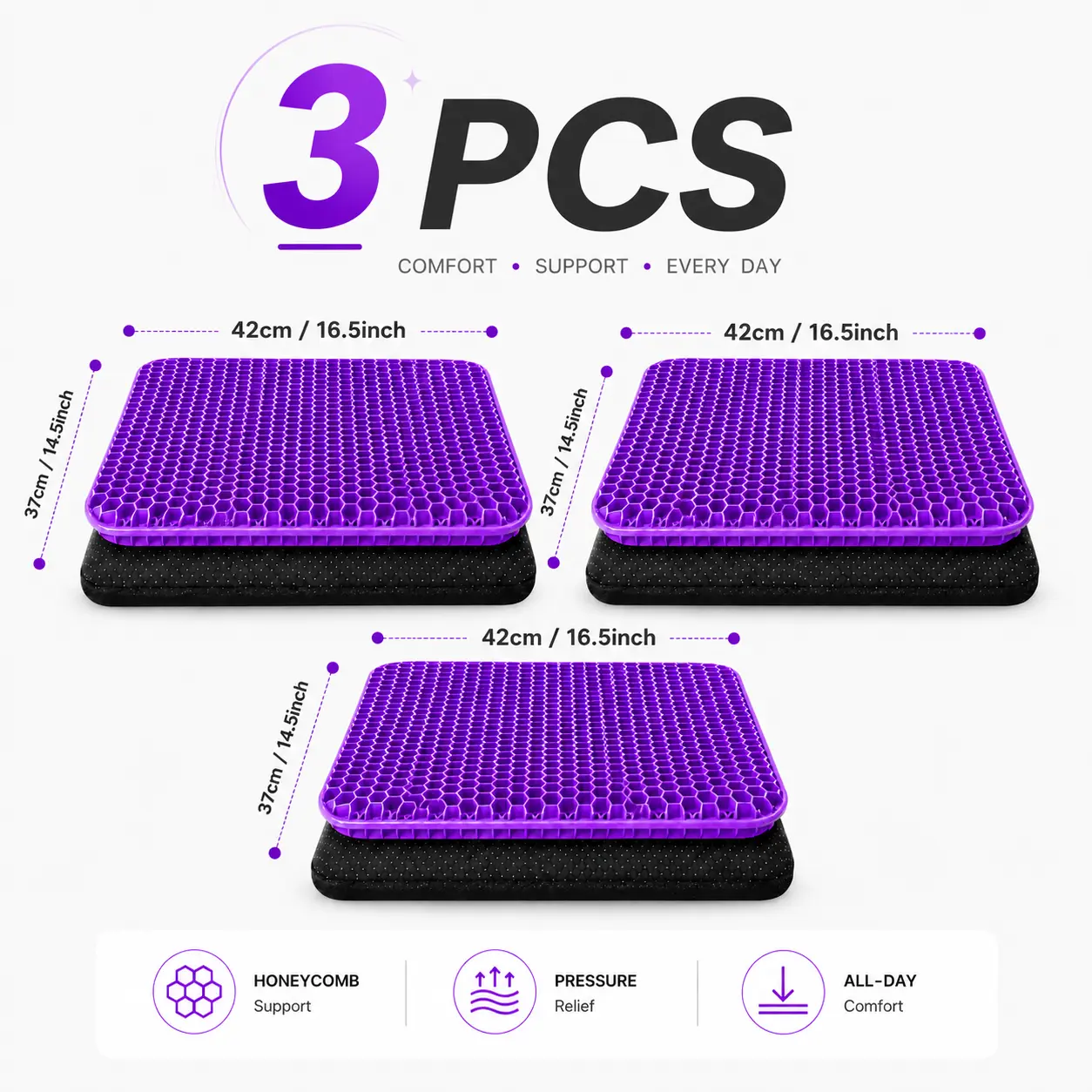 1/2/3 Pcs Breathable Gel Seat Cushion Honeycomb Structure Non-Slip Pad for Office Car Desk Wheelchair Chair