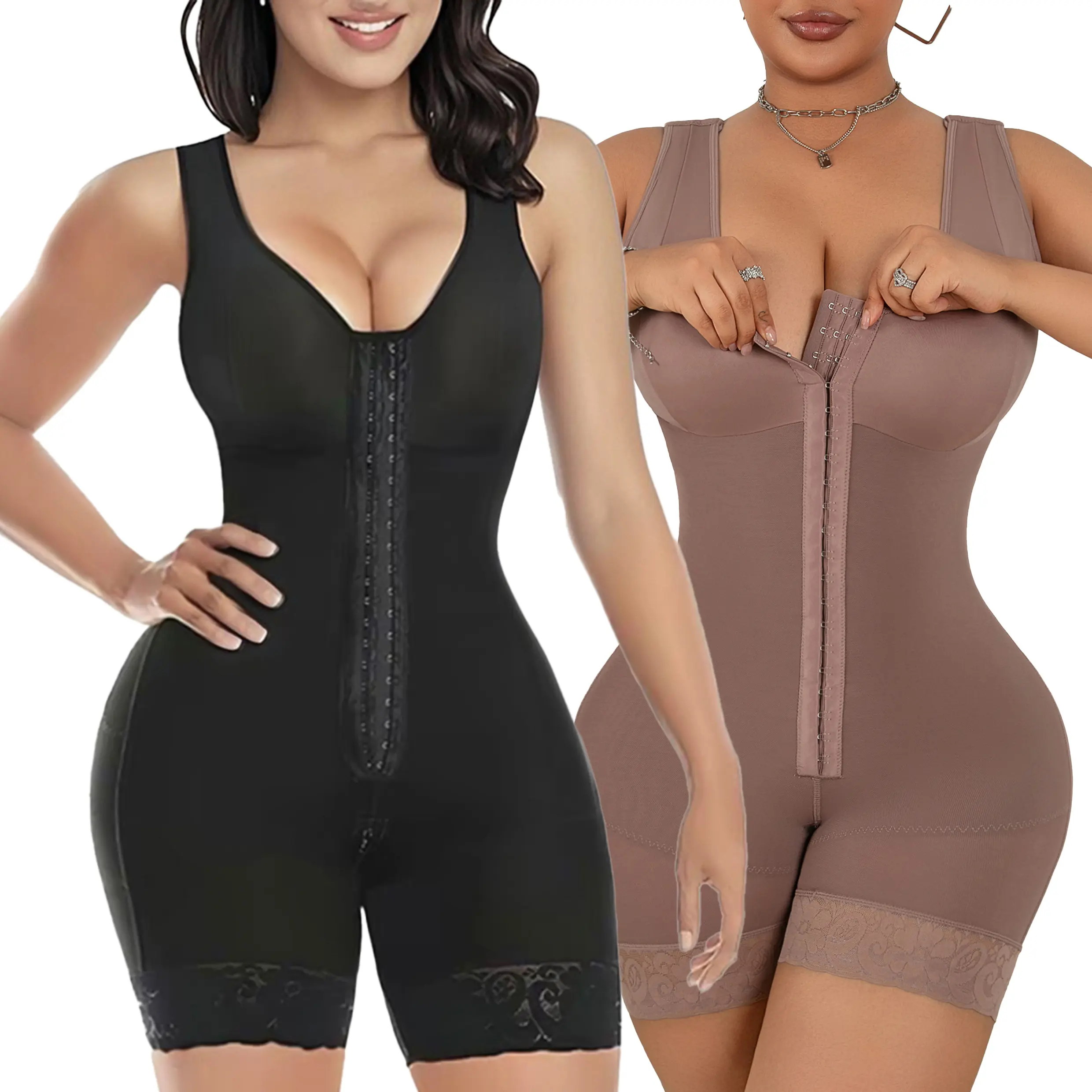 NO BRANDE Shapewear Bodysuit for Women, Cute Seamless V-Neck Faja with Tummy Control, Natural Lift, Adjustable Strap & Zipper Crotch, Birthday, Wedding, Body Contouring, Hook And Eye