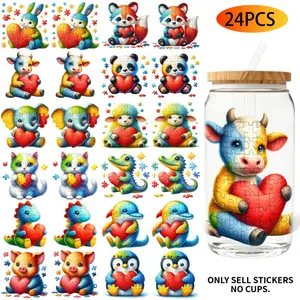 Uv Dtf Transfer Stickers - 24Pcs/Set Fun Autism Animal Theme Uv Dtf 16Oz Diy Transfer Stickers Applicable For 16 Oz Water Bottles Glass Bottles Laptops Home Decor Diy High Viscosity Transfer Paper