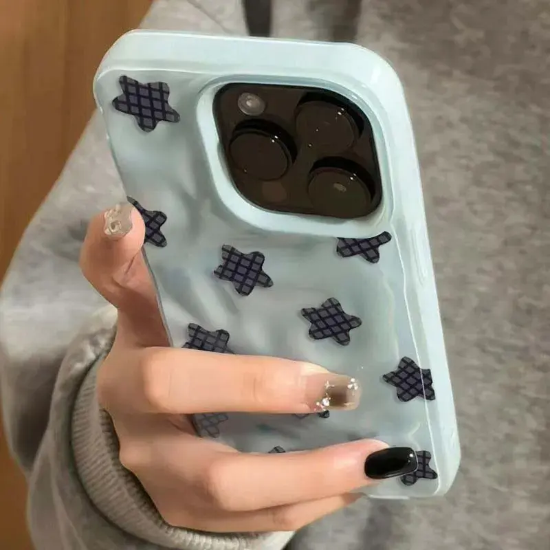 Cartoon Black Checkered Star Pattern Korean Phone Case for IPhone 16 17 Air 15 14 13 12 11 Pro Max Plus Shockproof Soft Cover female beautiful Military Grade Rotating Camera slim durable oh one anti-scratch stylish smartphone cover all-inclusive mobile