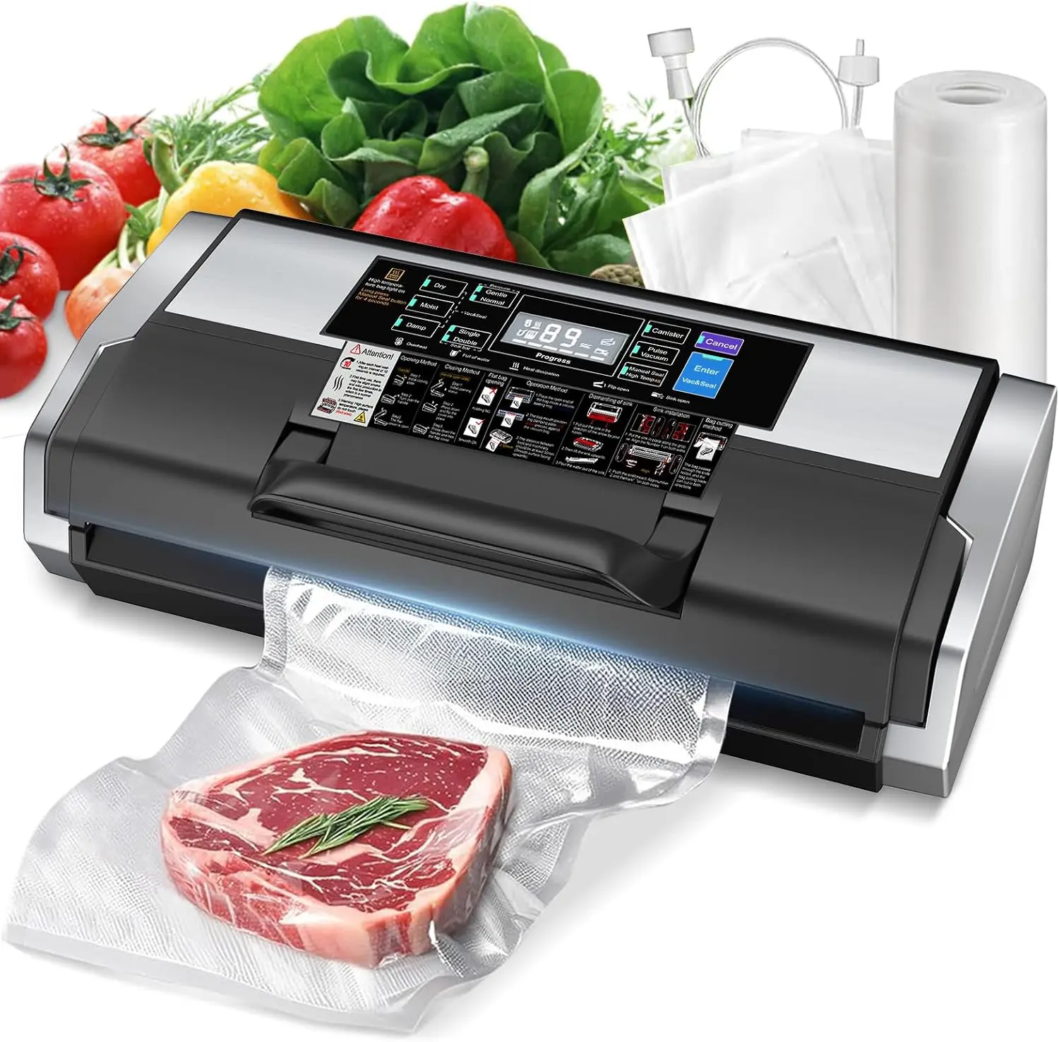 95KPa 10-in-1 Commercial Vacuum Sealer Double Heat Seal Device | Equipped with easy-lock handle, built-in cutter, sealed hose, 1 roll + 15 vacuum bags for food preservation Black Silver