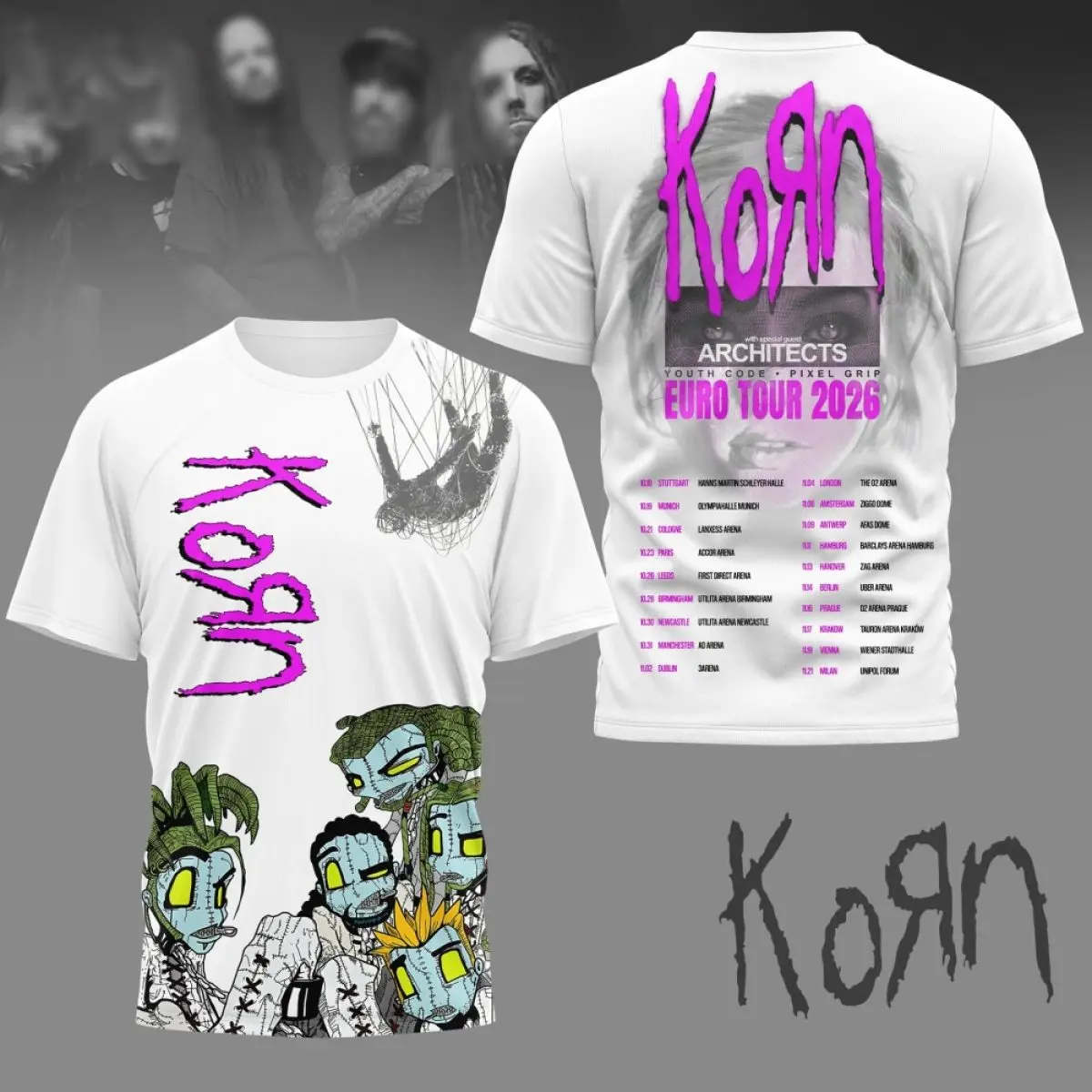 Korn Tour 2026 Architects Special Guest Pink Logo T-Shirt Vintage Washed T Shirt Men Women  mmer