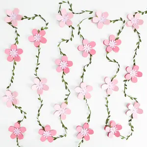 3D Cherry Blossom Flower Garland (2PCS) Flower Banner Pink Paper Cherry Flower Garland for Spring Garden Party Wedding Backdrop Arch Decor