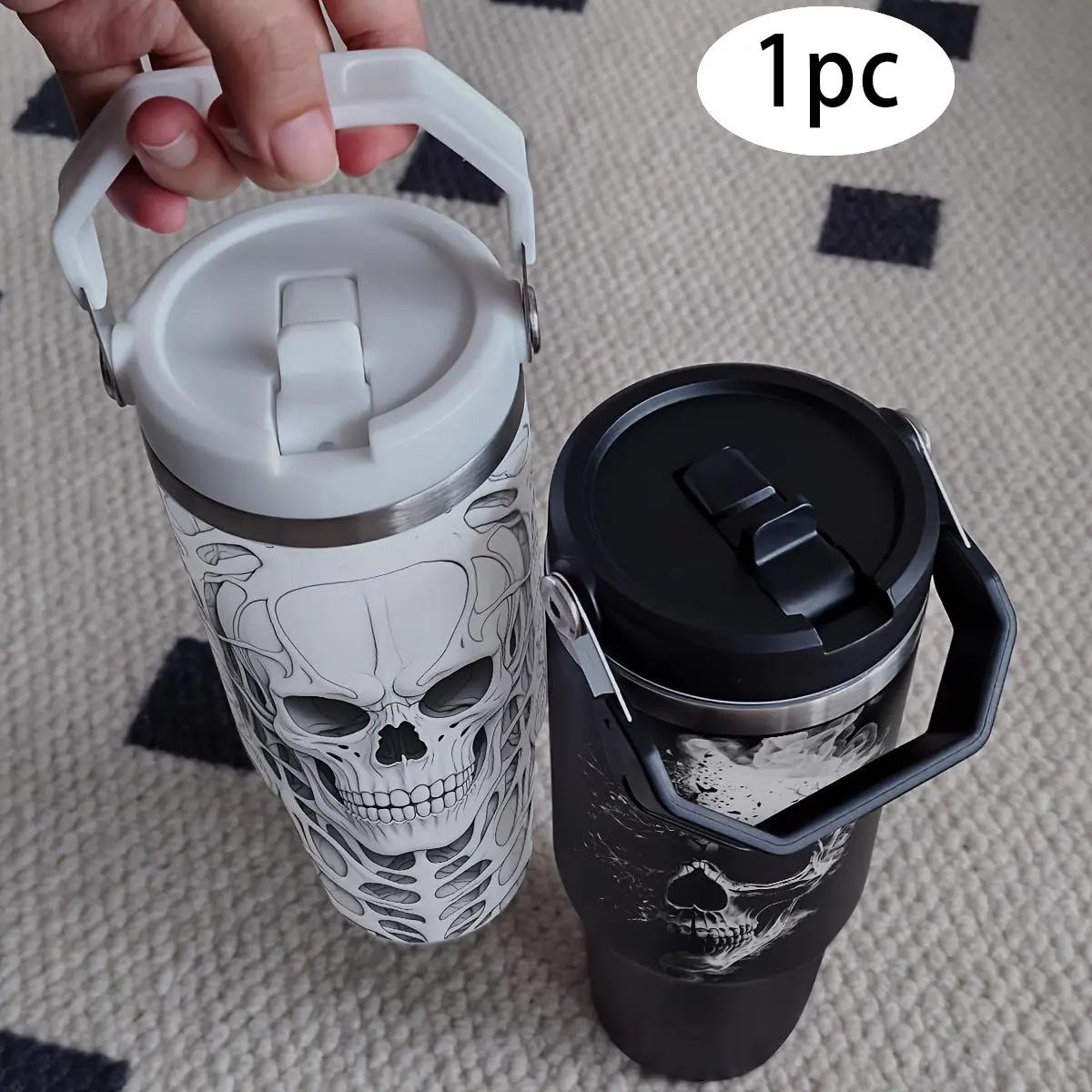 30oz Gothic Skull Insulated Cup with leak-proof lid and handle. Double-wall 304 stainless steel, BPA-free, keeps drinks hot & cold. Stylish design, durable & reusable, unisex. Ideal gift for Halloween and birthdays, great for coffee.