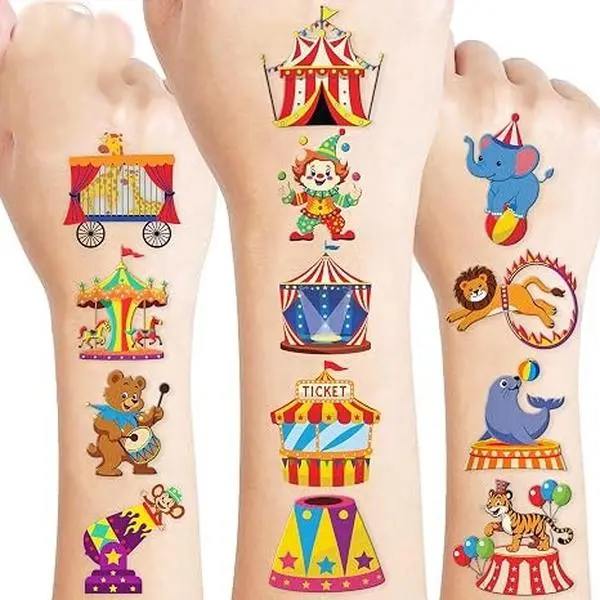 120 PCS Carnival Circus Clown Pre-Cut Temporary Tattoos for Kids | | Super Cute Themed Birthday Party Favors, Supplies, Decorations, Animal Fake Tattoo Stickers, Gifts for Boys Girls