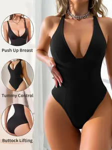 Women's Body Shaping One-Piece Bodysuit, Sexy Exotic Design with Steel Support, Backless Strap Style, Inner Layer & Outer Wear Option, Shapewear