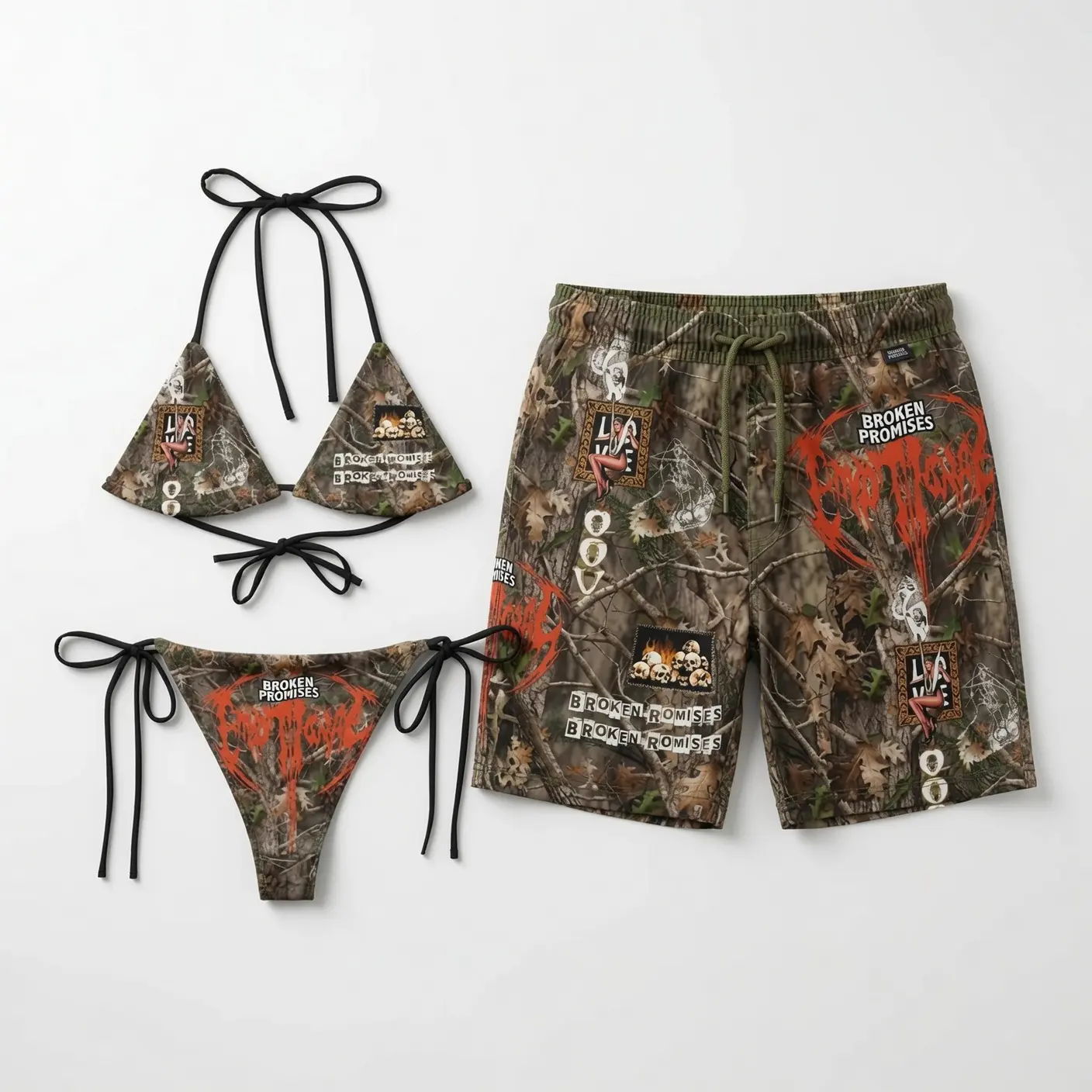 Broken Pr0mises Camo Matching Couple Swimwear Set, Hunting Graphic String Bikini and Hawaiian Shorts, His and Hers Beach Vacation Outfit Gift