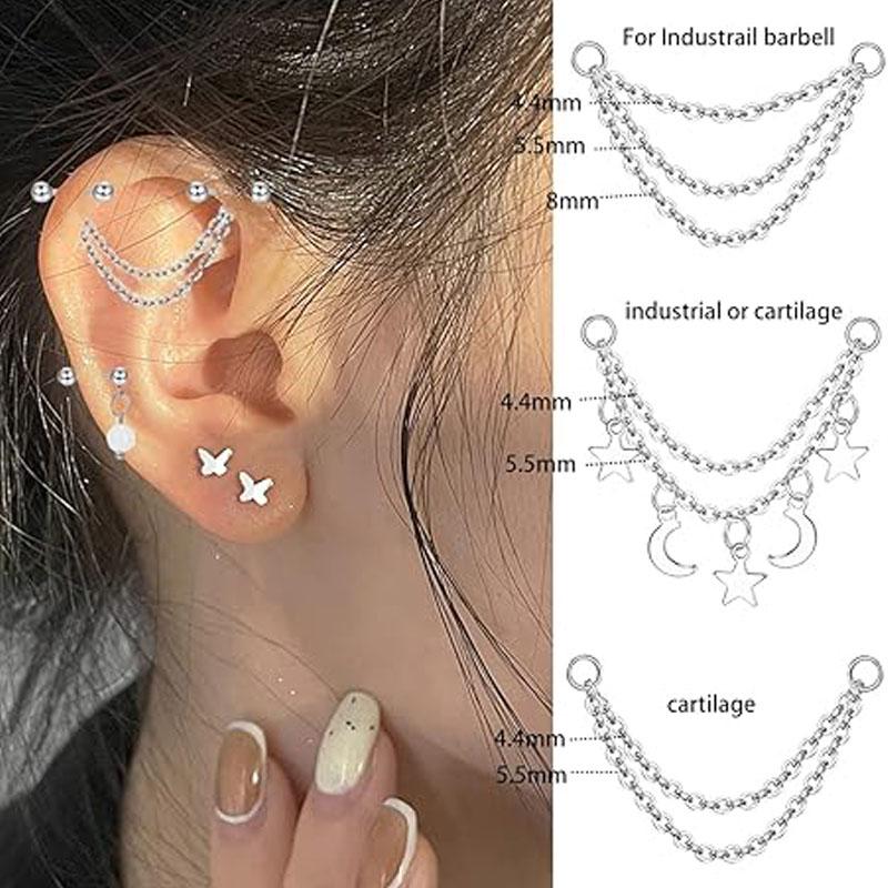 19pcs Industrial Barbell Piercing Jewelry, Stainless Steel Industrial Earrings for Men, Chain Dangle Cartilage Helix Piercing Jewelry