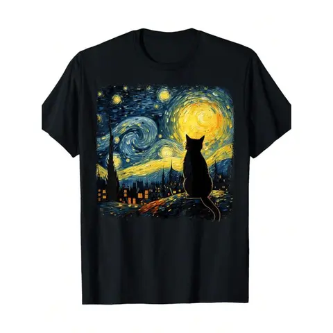 Funny Vintage Graphic Cat Starry Night Van Gogh For Lover Mom Dad T-ShirtCouple Clothing 2025Family T-Shirt
