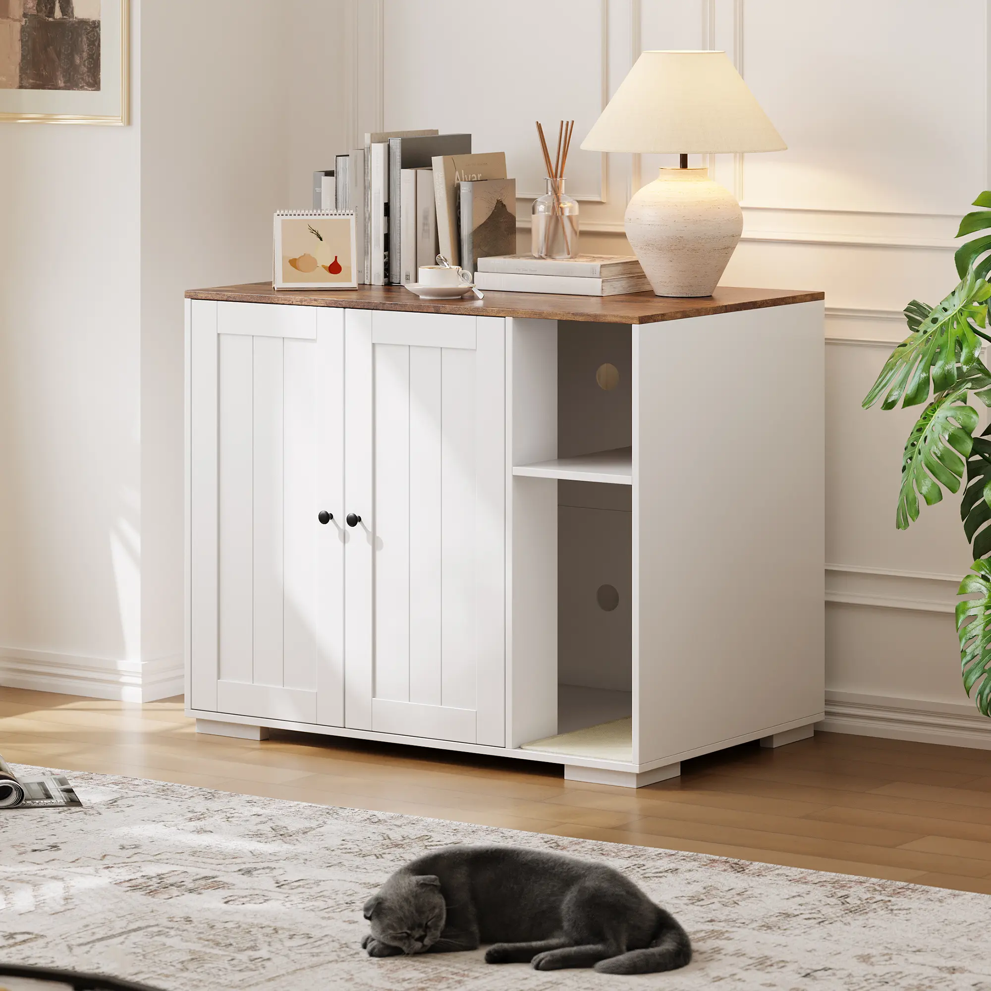Dog-Proof Cat Litter Box Enclosure Cabinet with Power Outlet – Large Hidden Cat House Furniture – Fits Automated Cat Litter Box 3/4/5, Automatic or Standard Litter Box – Modern Indoor Cat Washroom Cabinet