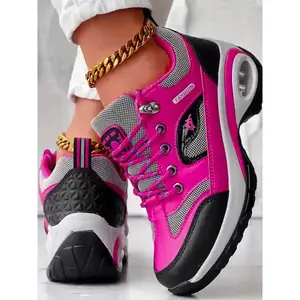 Women's Light Cushioned Hiking Shoes - Comfortable Lace-Up Outdoor Shoes with Arch Support, Black and Pink Design, Outdoor Hiking Shoes