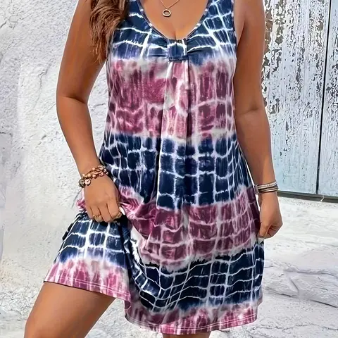 Women's Fashion Sleeveless V-Neck Tie-Dye Dress, Spring/Summer Stylish Casual Wear, Casual Flowy, Perfect for Daily & Special Occasions, Boho Summer Holiday