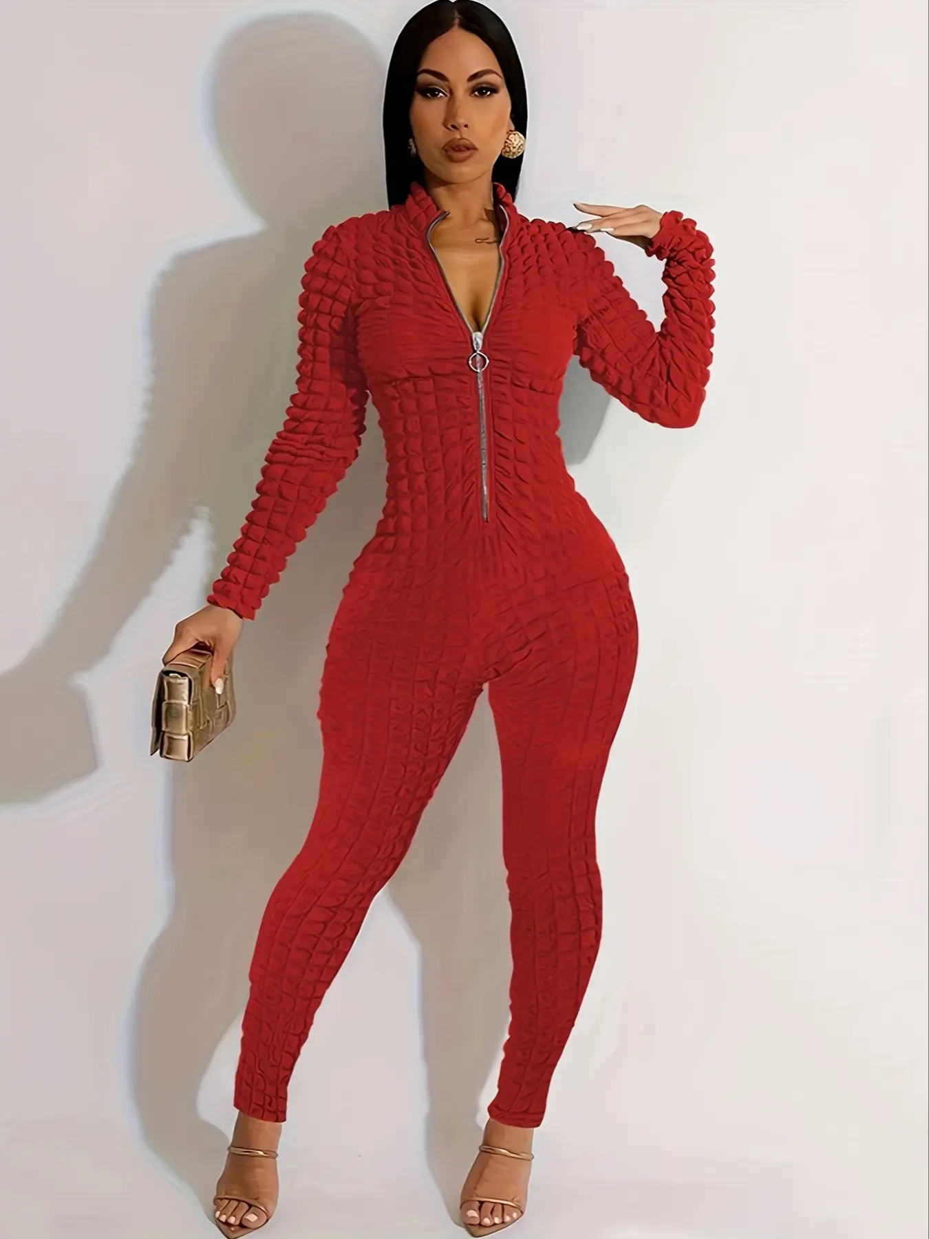 Women's Fall Fashion Bubble Popcorn Jumpsuit, Casual One-Piece with Zipper Design, Stylish Plain Color Long Sleeve Top, Fitted Womenswear, Soft Fabric
