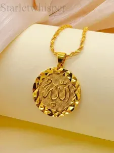 Luxury Vintage Muslim Inspired Pendant Necklace for Women, 24K Gold Plated Copper Round Plate Jewelry, Elegant High End Gift for Girlfriend, Stylish Daily & Party Wear Accessory