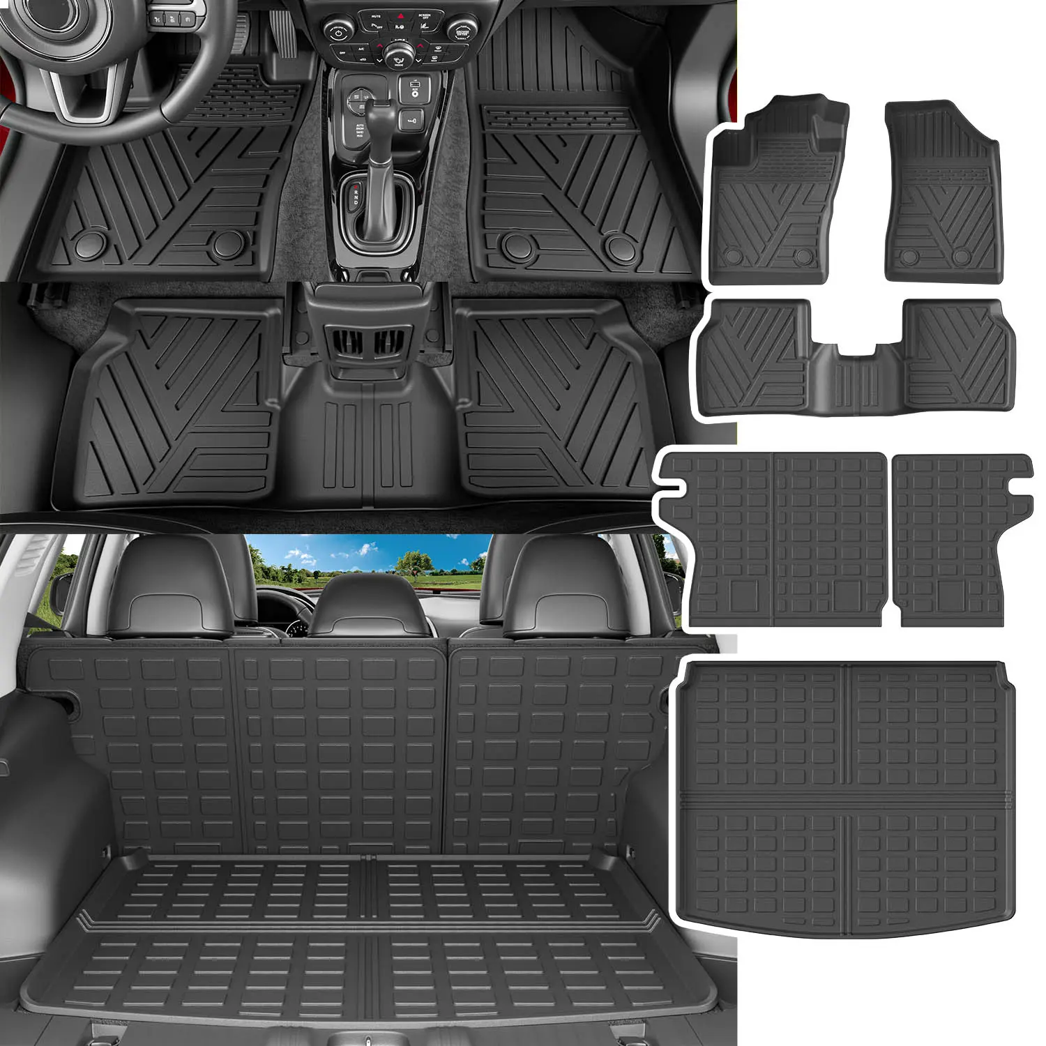 [Fits 17-25 Compass] Floor Mat Compatible with 2017-2025 Jeep Compass Trunk Mat Backrest Mat TPE Cargo Liner Replacement for 2017-2025 Jeep Compass Accessories (Trunk Mat+Backrest Mat+Floor Mat)