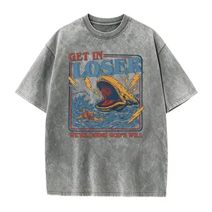 Men's Unisex Cotton Round Neck Oversized Washed T-Shirt - Christian Streetwear, Jonah and the Whale Graphic, "Get In Loser We're Doing God's Will" Verse, Faith Humor Fabric Style Religious Gift