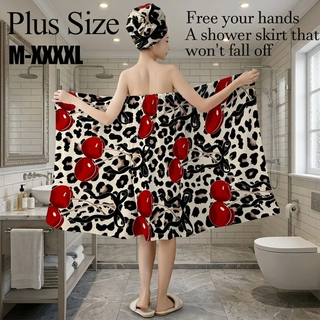 Plus Size M-XXXXL Leopard Spot Print & Red Cherry Bow Print Bath Wrap Skirt & Hair Towel Set, Non-Slip Adjustable Shower Skirt for Bathroom, Spa, Bachelorette Party, Summer Vacation