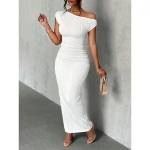 dress summer Elegant Off-Shoulder Ruched Bodycon Long Dress in White - Summer Polyester & Spandex Knit, Medium Elasticity, Smooth Finish, Versatile Various  Sophisticated Style Blend