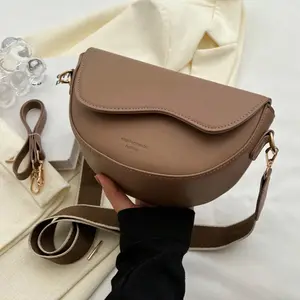 PU Leather Flap Shoulder Bag for Women Classic Half Moon Crossbody Bags with Adjustable Wide Strap for Commuting